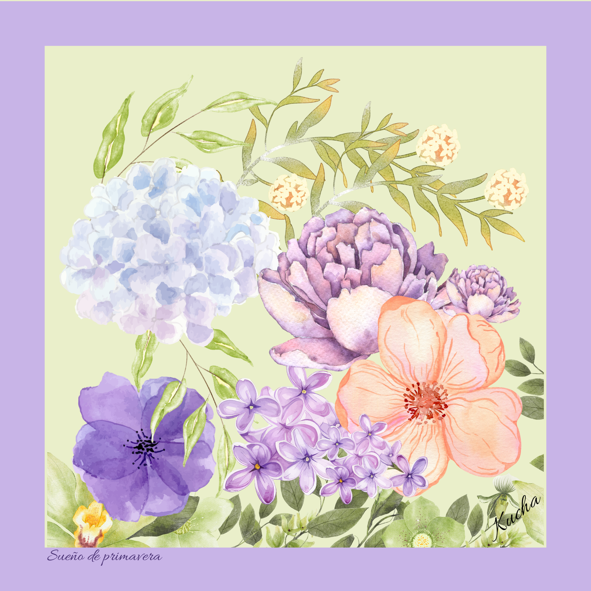 Pañuelo en Eco-Seda " Sueño de Primavera" 35x35 cm