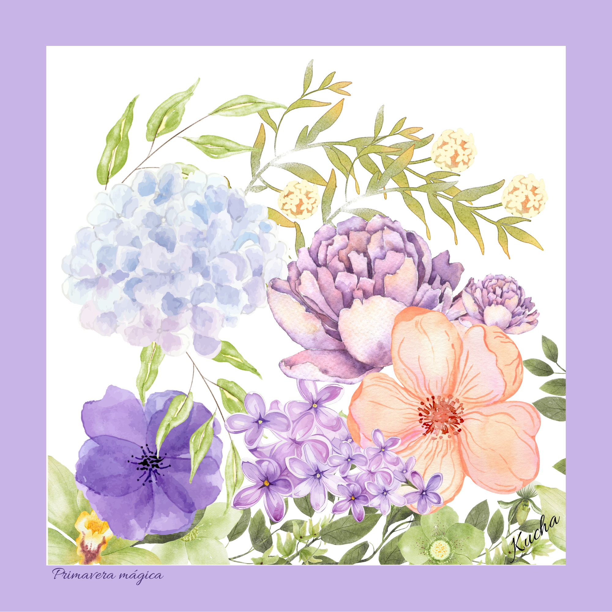 Pañuelo en Eco-Seda "Primavera Mágica" 35x35 cm