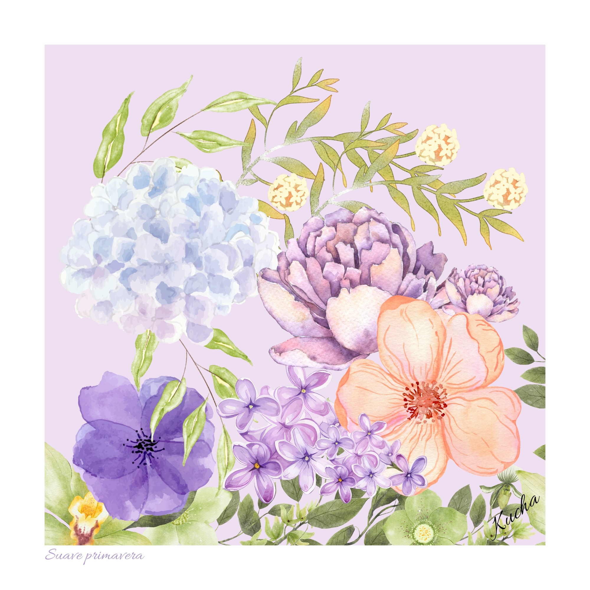 Pañuelo en Eco-Seda " Suave Primavera " 35x35 cm