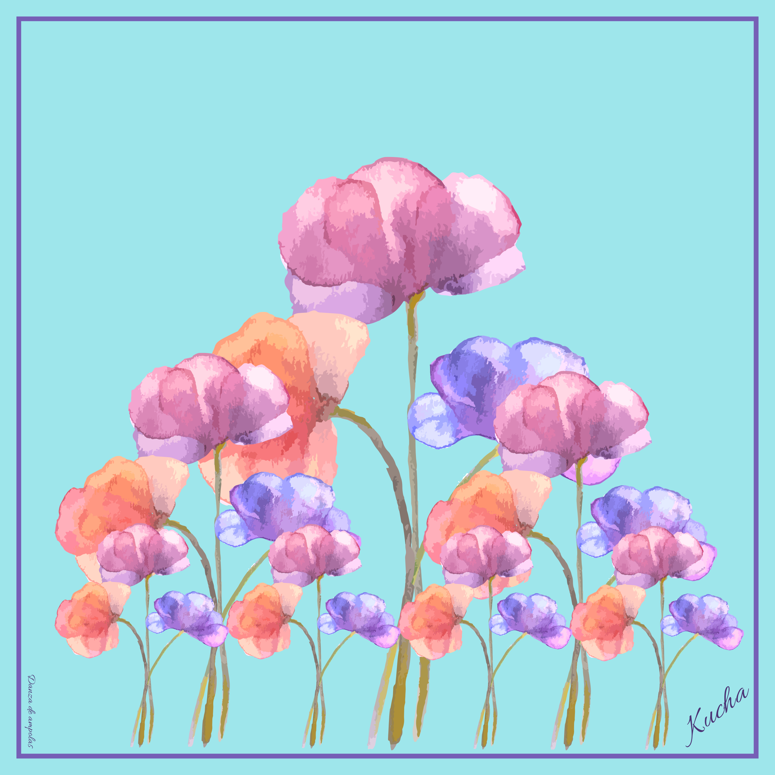 Pañuelo en Eco-Seda " Danza de Amapolas" 70x70 cm