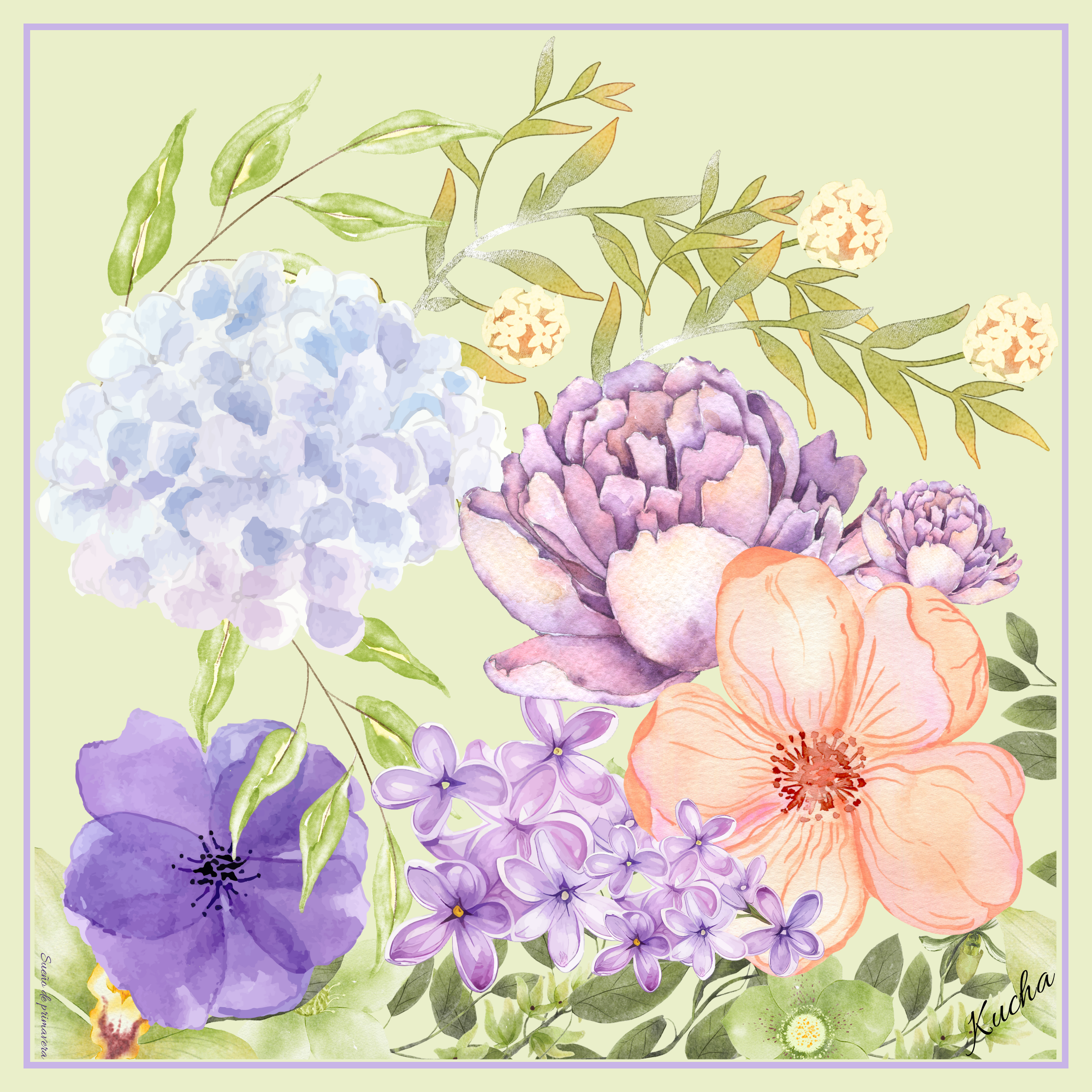 Pañuelo en Eco-Seda " Sueño de Primavera" 70x70 cm